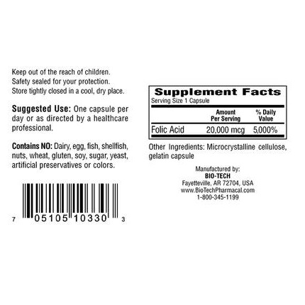Bio-Tech Pharmacal - Folic Acid 20 mg - 100 caps
