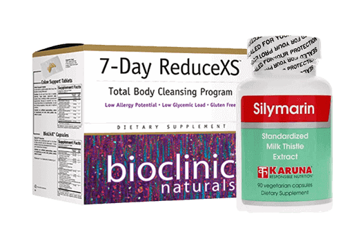 7-Day ReduceXS total body cleansing dietary supplement box and Silymarin milk thistle extract capsules for Liver Support and Detox.