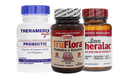 Probiotic supplement bottles featuring Theramedix, Theralflora, and Herbalac brands for digestive health and immune support at Natural Nutritionals.