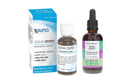 GUNA OSTEO homeopathic supplement for osteoporosis relief, featuring 30ml oral drops with herbal ingredients, designed to support bone health and reduce symptoms of fragile bones and minor pain.